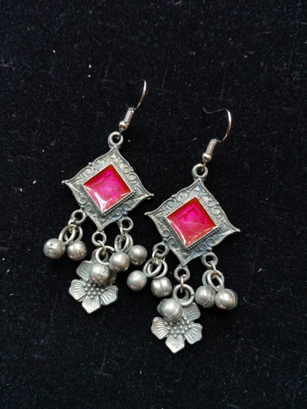 Boho Pink Square & Floral Ghungroo Earrings