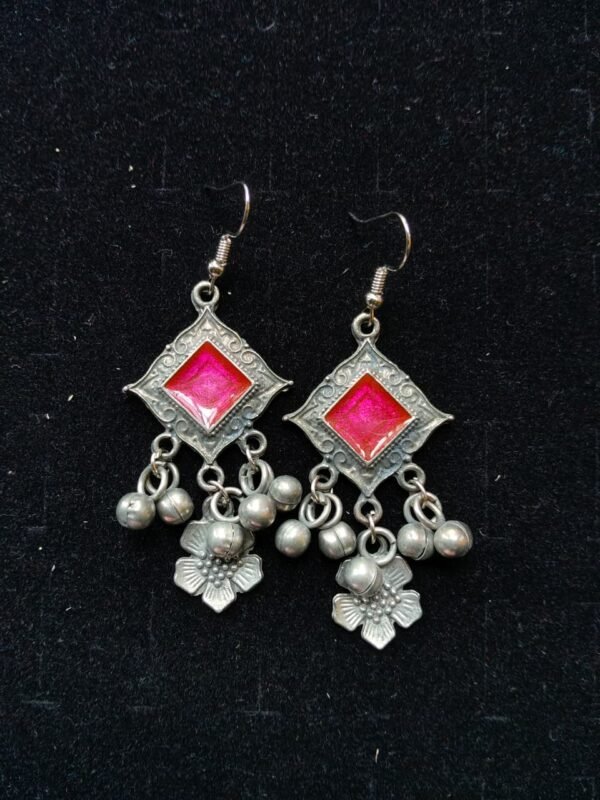 Boho Pink Square & Floral Ghungroo Earrings