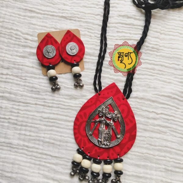 The Bansuri Red Fabric Oxidized Necklace & Earring Set