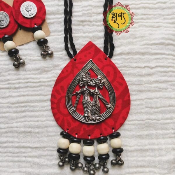The Bansuri Red Fabric Oxidized Necklace & Earring Set