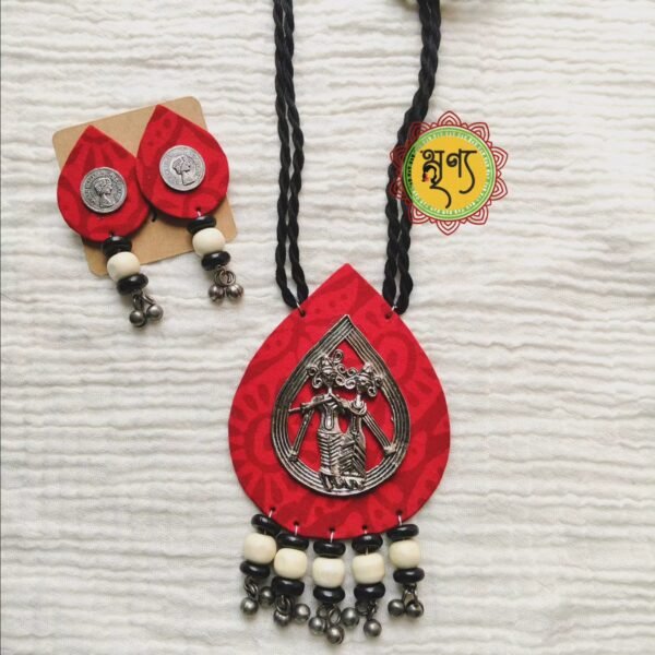 The Bansuri Red Fabric Oxidized Necklace & Earring Set